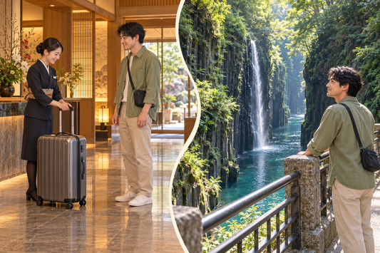 Takachiho Gorge visit: hotel staff take the suitcase before the traveler enjoys the gorge and waterfall views with a small bag.