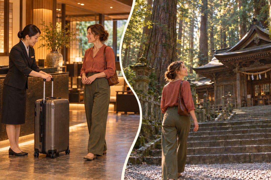 Takachiho Shrine visit: send the suitcase from your hotel and enjoy the cedar-lined shrine approach with a small shoulder bag.
