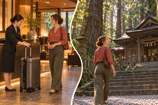 Takachiho Shrine visit: send the suitcase from your hotel and enjoy the cedar-lined shrine approach with a small shoulder bag.