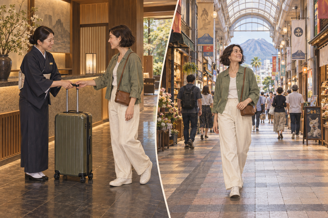 Tenmonkan luggage storage: a hotel suitcase handoff followed by a shopping-arcade stroll with a small shoulder bag.