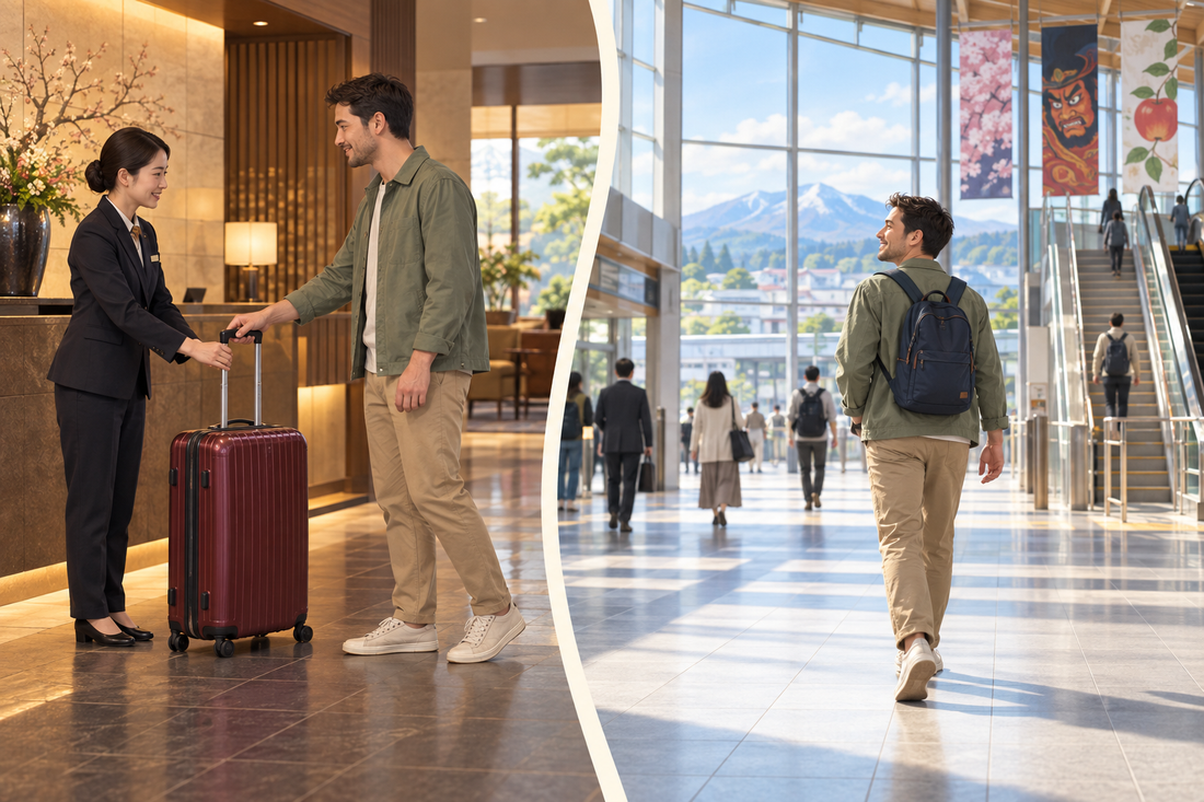 Aomori Station luggage storage: hand over your suitcase at the hotel and continue through the station with a small daypack.