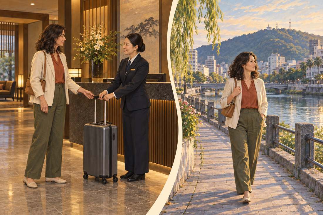 Tokushima luggage storage: send your suitcase from the hotel and enjoy a riverside stroll with a small shoulder bag.