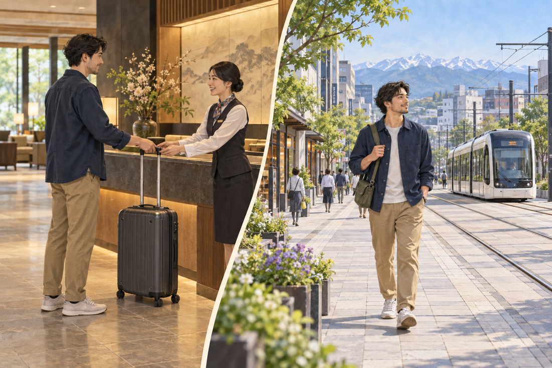 Toyama luggage storage: send your suitcase from the hotel and explore the city’s tram-lined streets with a small bag.