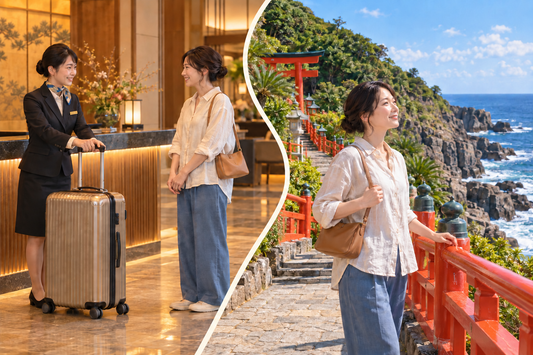 Udo Shrine visit: send the suitcase from your hotel and enjoy the coastal shrine approach with a small shoulder bag.