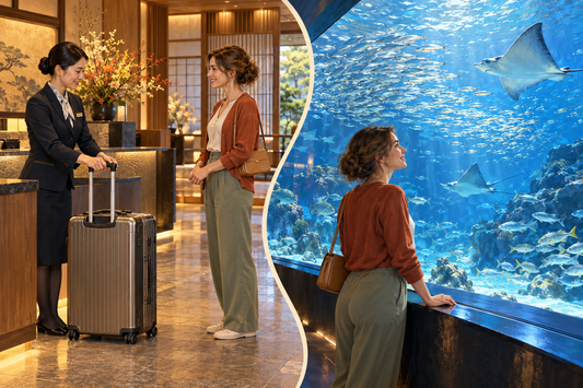Umitamago visit: hotel staff take the suitcase before the traveler watches aquarium fish with a small shoulder bag.