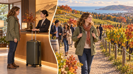 Yoichi wine and orchard festivals: a vineyard path above the sea, walked with a small daypack after sending the suitcase.