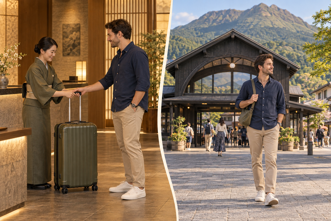 Yufuin Station luggage storage: send the spare suitcase from your hotel and begin the town visit with a small bag.