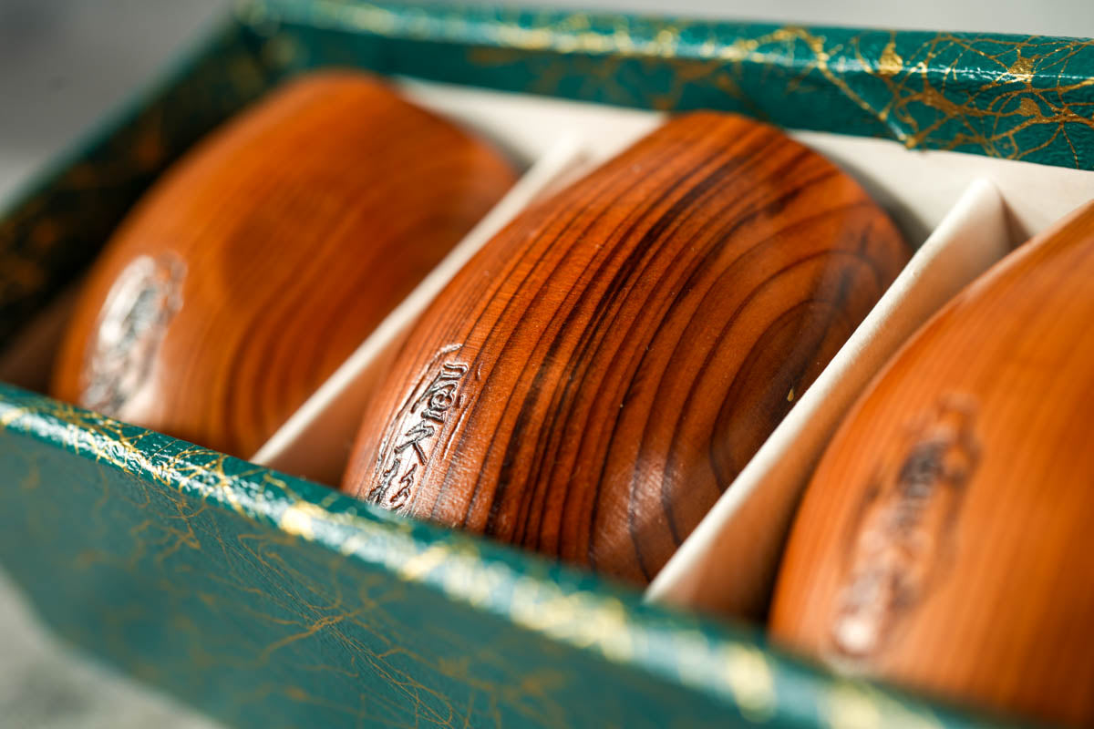 Set of Hand Crafted Japanese Yakushima Cedar Yakusugi (UNESCO World Heritage) Wooden Sake Cups. Authentic Yakusugi Stamps on each items.