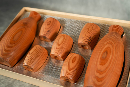 Set of Japanese Yakushima Cedar Yakusugi (UNESCO World Heritage) Wooden Sake Cup Set.  Authentic Yakusugi Stamps on each items.