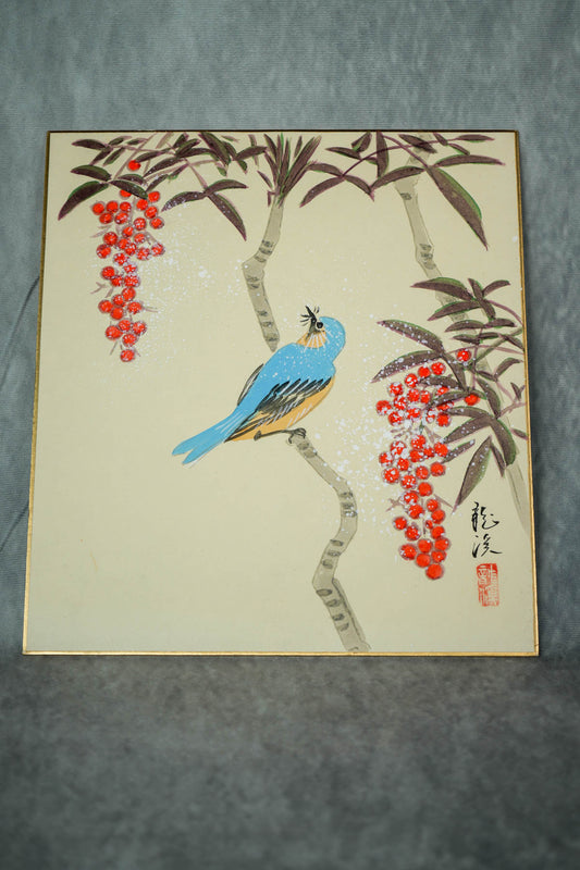 Japanese Collectible Art Home Decor -  Elegant Oriental Blue Jay Bird Paint Vintage Art