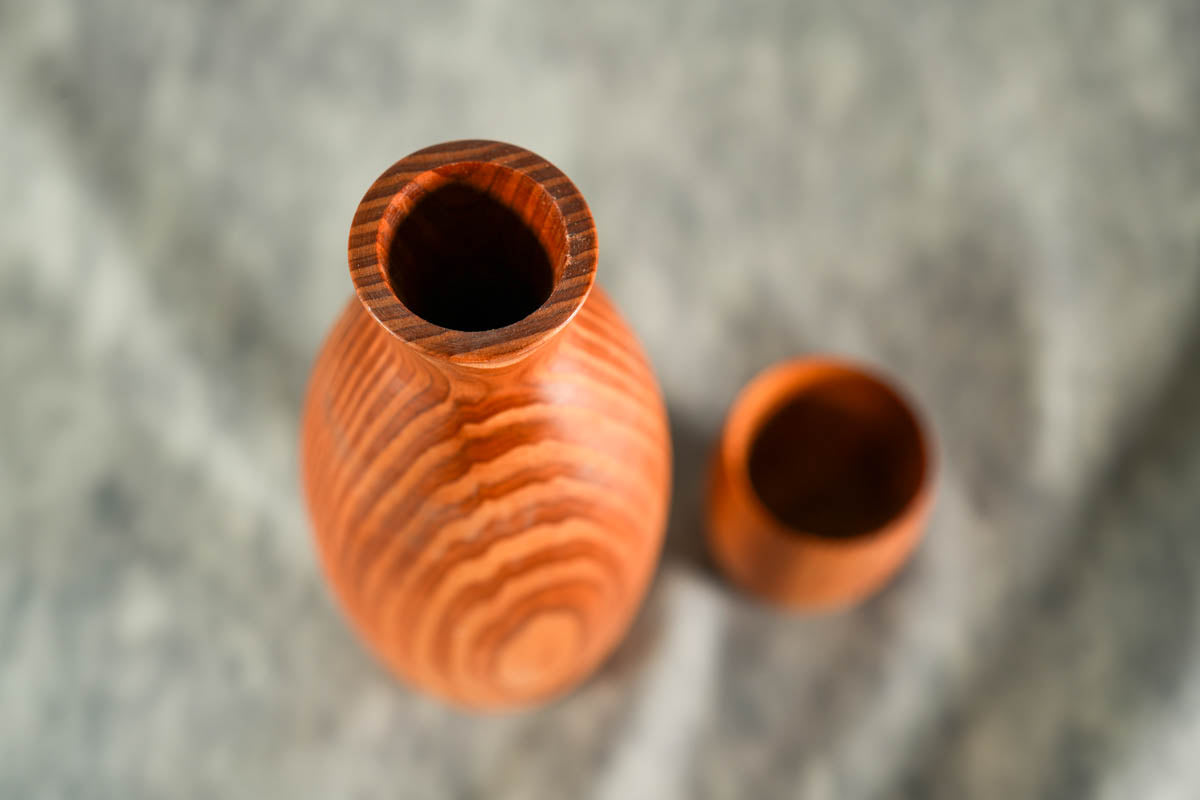 Hand Crafted Japanese Yaku Cedar Yakusugi Sake bottles and cups