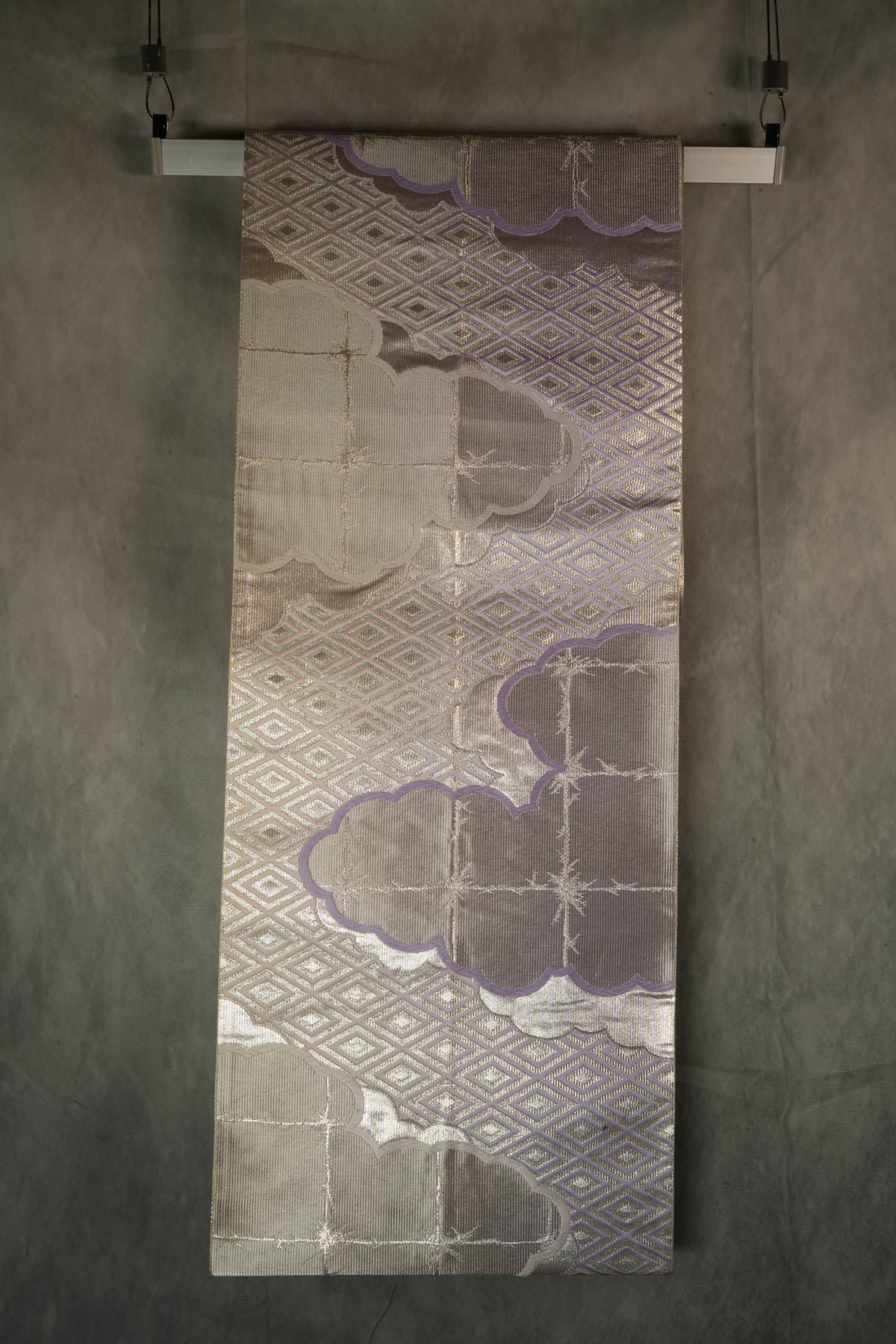 Silver and Purple Cloud, symbol of Increasing Luck -  - Wall Art,  Large Wall Hanging Art, Home Decor, Japanese Kimono Obi Tapestry