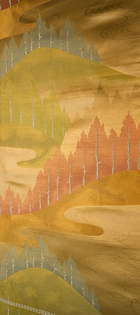 Trees and Mountains - Wall Art,  Large Wall Hanging Art, Home Decor, Japanese Kimono Obi Tapestry