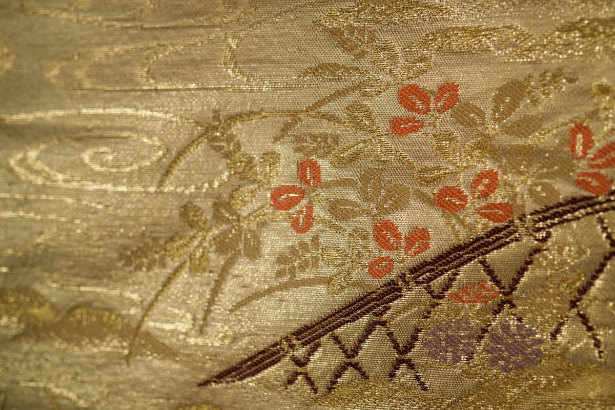 Gold-based Obi Tapestry.  Wall Art, Buy Vintage Japanese Kimono Obi Art for Sale, Luxury home decoration at Affordable Price at SilkCrane.com. Free shipping in the USA. 