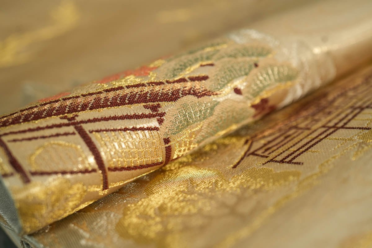 Elegant Wall Art: Gold-based Obi Tapestry Wall Art, Buy Vintage Japanese Kimono Obi Art for Sale, Luxury home decoration at Affordable Price at SilkCrane.com. Free shipping in the USA. 