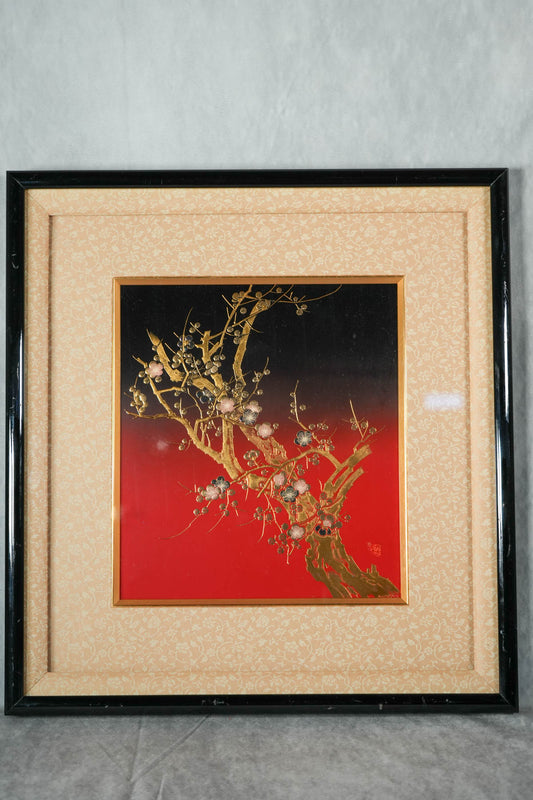 Home Decor: Collectible Vintage Japan's Framed Wall Art - Golden Shiny Plum Tree Japanese Art