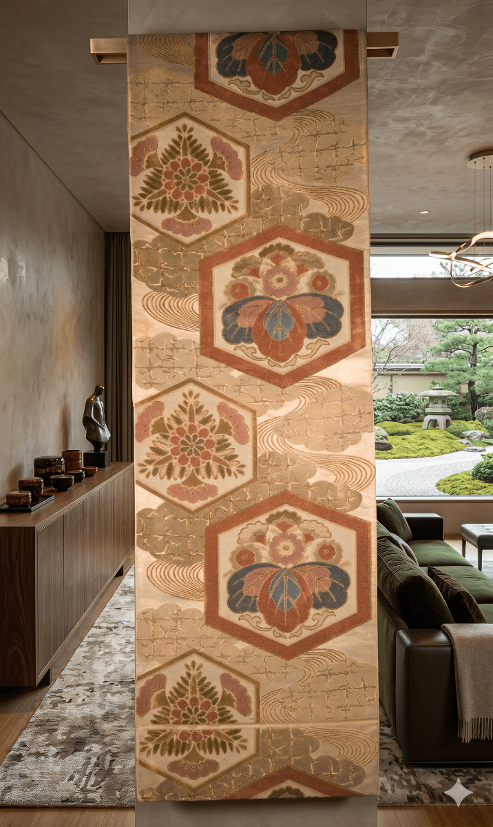 Vintage Japanese obi wall art with paulownia and geometric motifs, a silk tapestry for home decor, Japanese art, and meaningful gifts