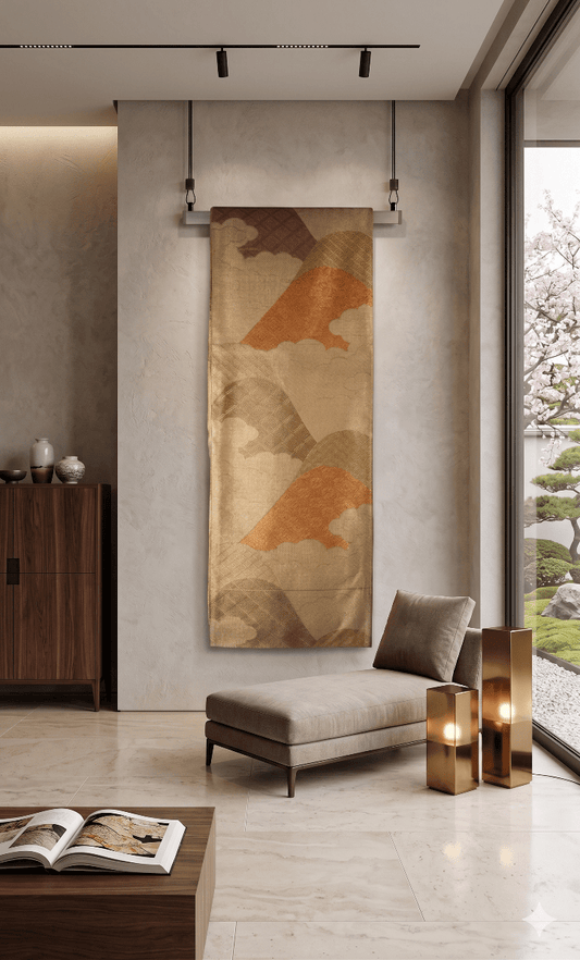 A one-of-a-kind vintage Japanese obi tapestry, transformed into elegant wall art for refined interiors