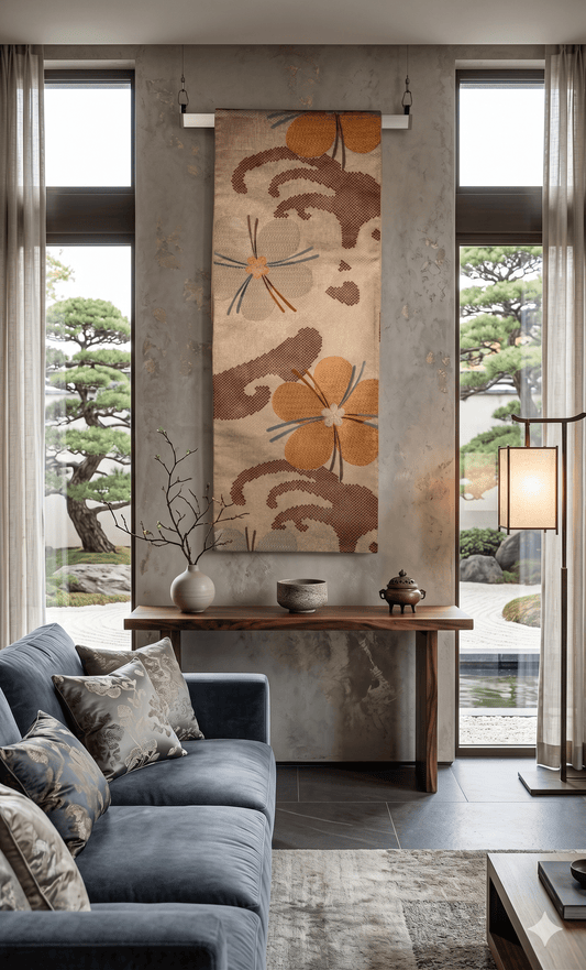 One-of-a-kind Japanese obi wall art with plum blossom motif, a vintage silk tapestry for home decor, Japanese art lovers, and gifts