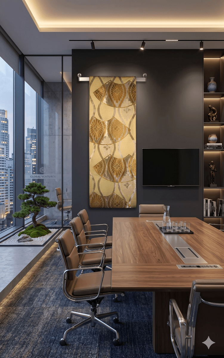 One-of-a-kind vintage Japanese obi wall art for home decor, featuring fan and chrysanthemum motifs inspired by longevity and good fortune.