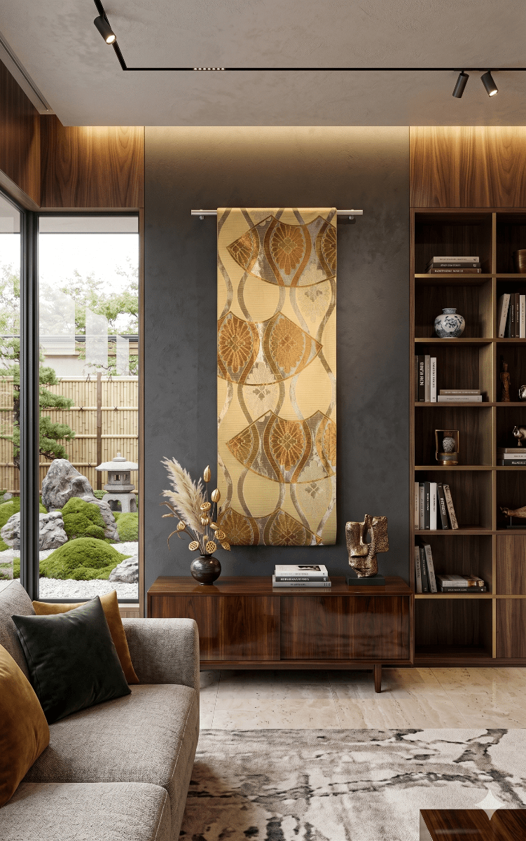 Vintage Japanese obi wall art with fan and chrysanthemum motifs, a silk tapestry for home decor, Japanese art lovers, and meaningful gifts.