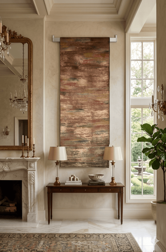 One-of-a-kind Japanese obi wall art in silky hazel tones, a vintage silk tapestry for home decor, Japanese art lovers, and gifts.