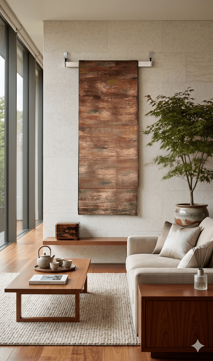 One-of-a-kind vintage Japanese obi wall art, a silky hazel silk tapestry for home design, Japanese art lovers, and gifts