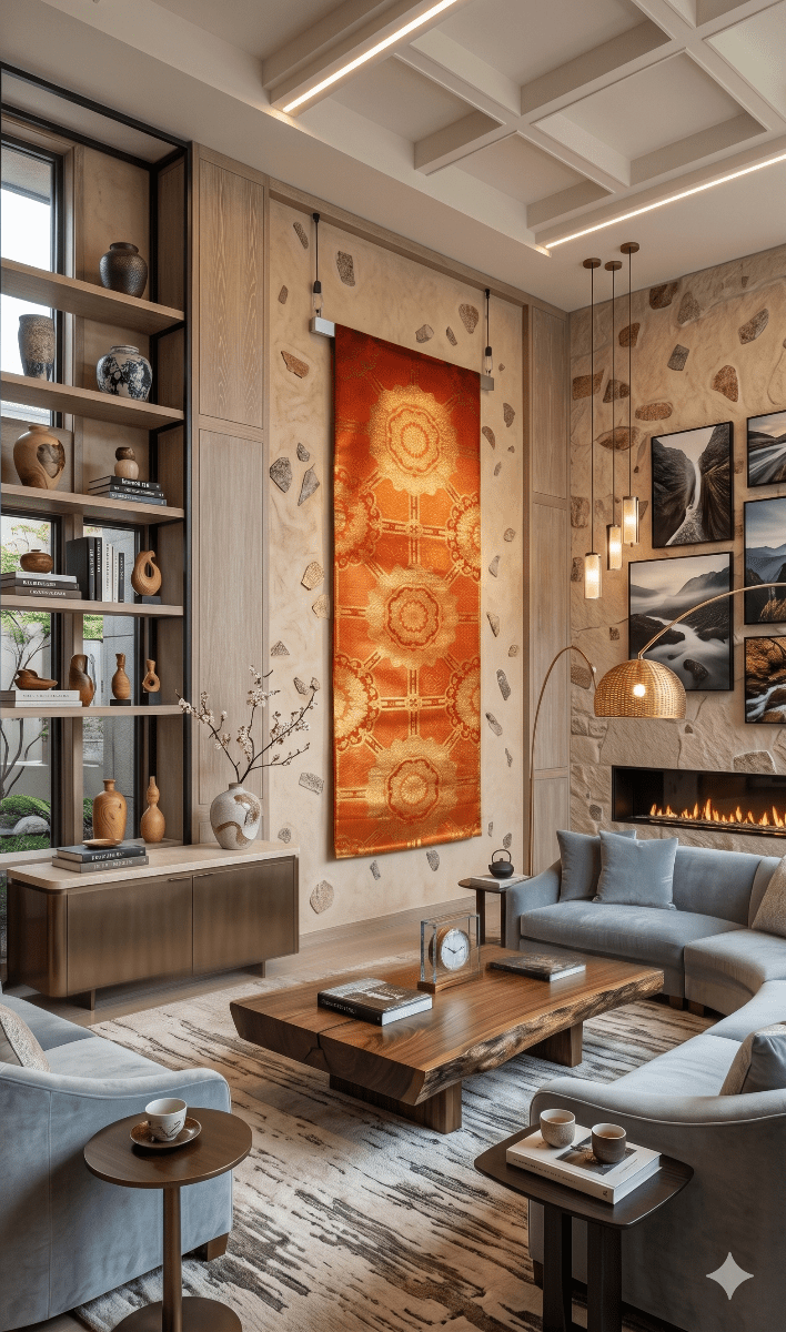 One-of-a-kind vintage Japanese obi wall art, a Shokko silk tapestry for home design, Japanese art lovers, and elegant gifts