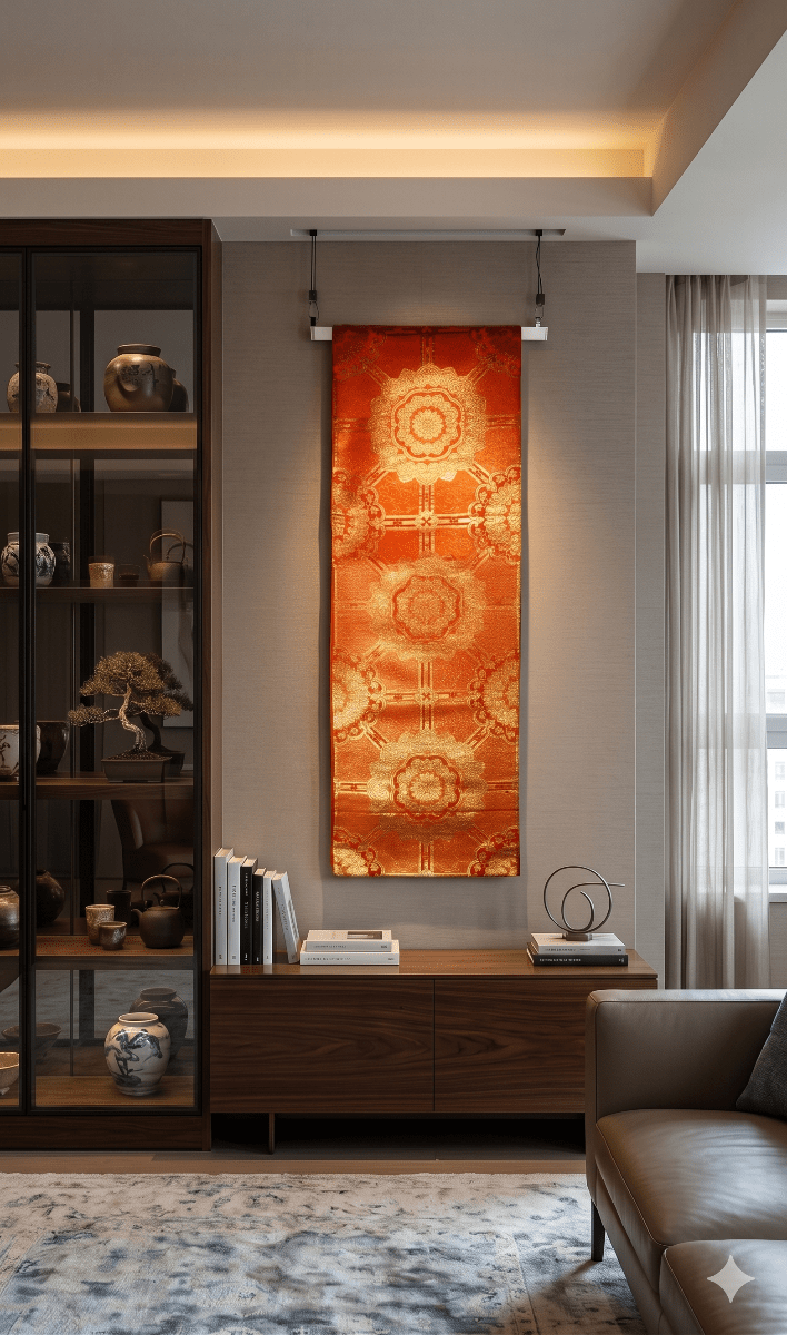 One-of-a-kind vintage Japanese obi wall art, a Shokko silk tapestry for home design, Japanese art lovers, and elegant gifts