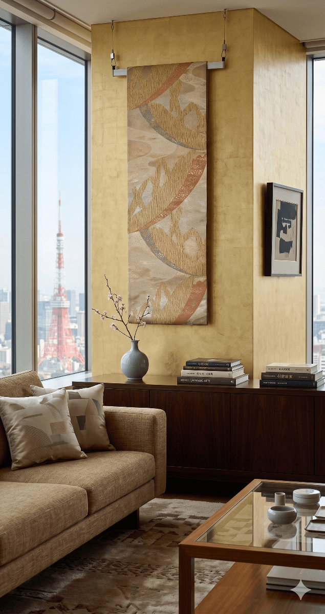 One-of-a-kind vintage Japanese obi wall art, a green, purple and gold silk tapestry for home design, Japanese art lovers, and gifts