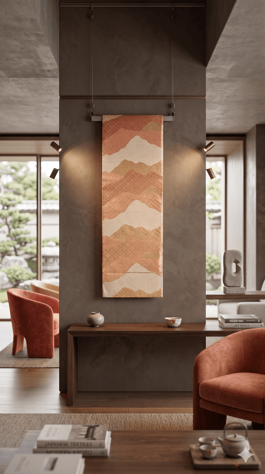 one of a kind, Japanese Obi Wall Art in Gold and pink, Vintage silk tapestry for home decor