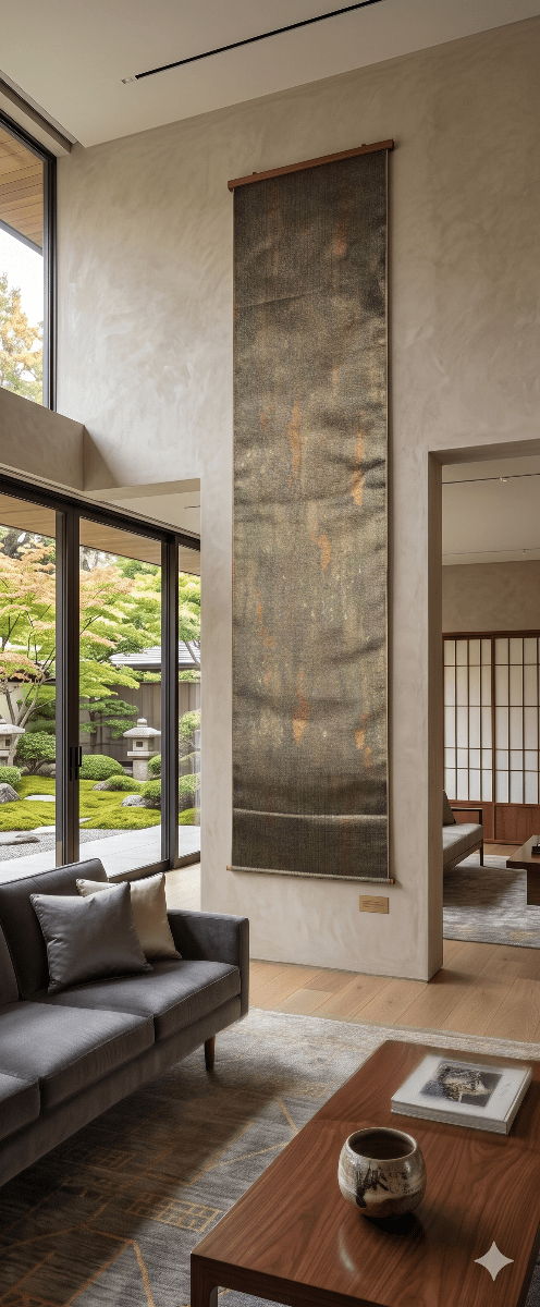 One-of-a-kind Japanese obi wall art in smoky green and gold, a vintage silk tapestry for home decor, Japanese art lovers, and meaningful gifts