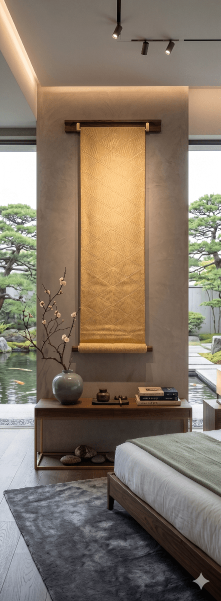 One-of-a-kind vintage Japanese obi wall art in gold, a silk tapestry for home design, Japanese art lovers, and unique gifts.