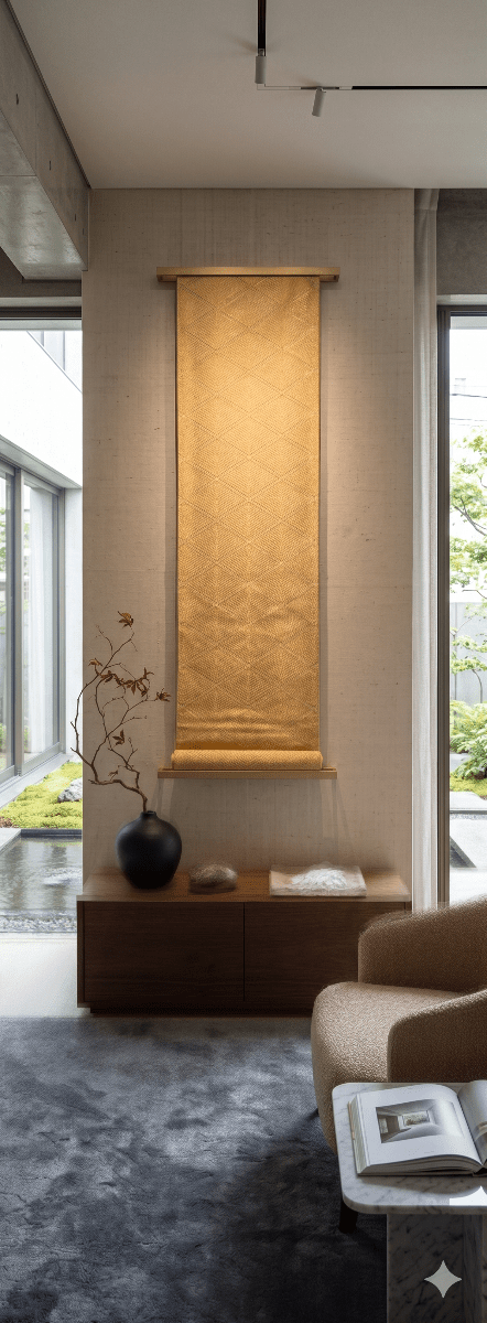 Vintage Japanese obi wall art with a gold diamond pattern, a silk tapestry for home decor, Japanese art, and meaningful gifts.