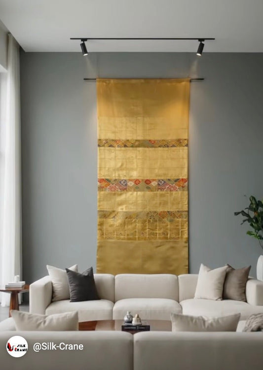 Japanese Obi Wall Art - Colorful Chrysanthemums in Matcha green and Gold - Vintage Silk Tapestry