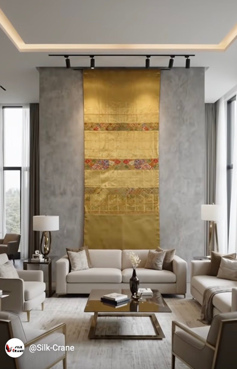 Japanese Obi Wall Art - Colorful Chrysanthemums in Matcha green and Gold - Vintage Silk Tapestry