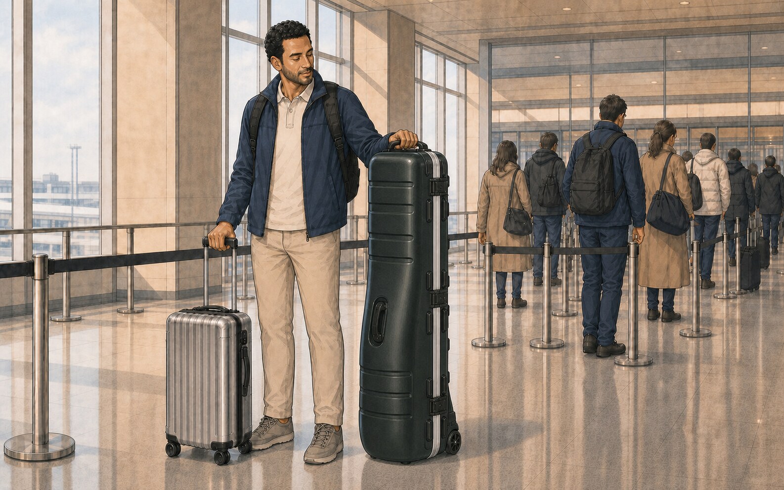 Illustrated man in a blue jacket steadies a tall dark-green hard golf case with a nearly straight silver-edged side beside a silver carry-on in an airport queue.
