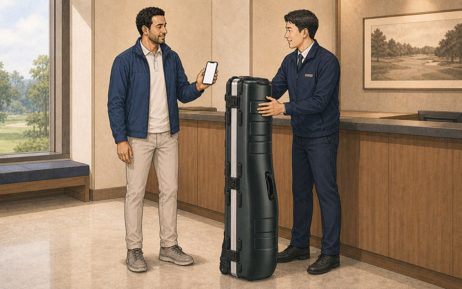 Illustrated man in a blue jacket shows a phone while a navy-uniformed attendant steadies an upright dark-green hard golf case at a clubhouse counter.