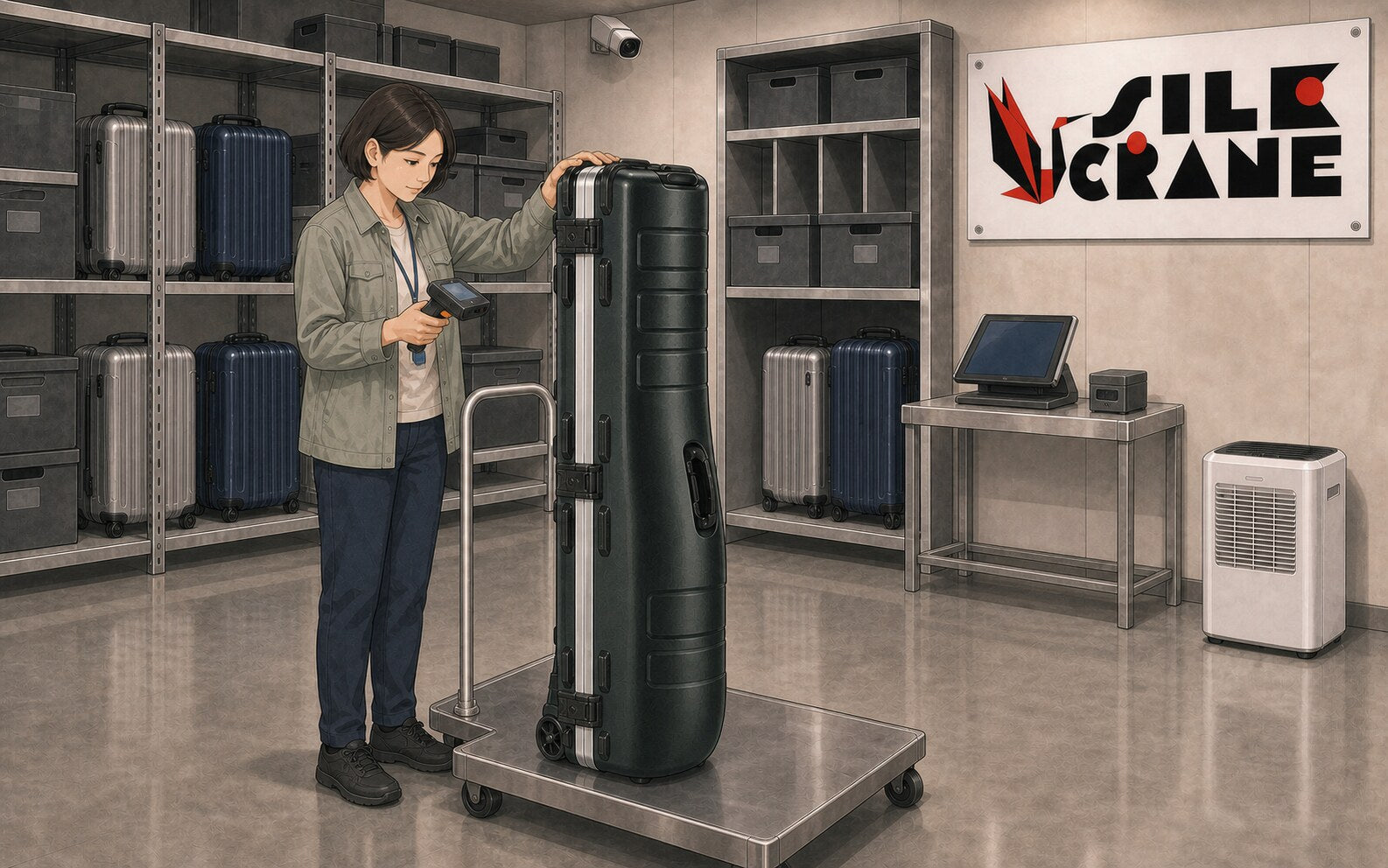 Illustrated woman in a sage-gray jacket scans an upright dark-green hard golf case on a metal cart beneath a Silk Crane wall sign.
