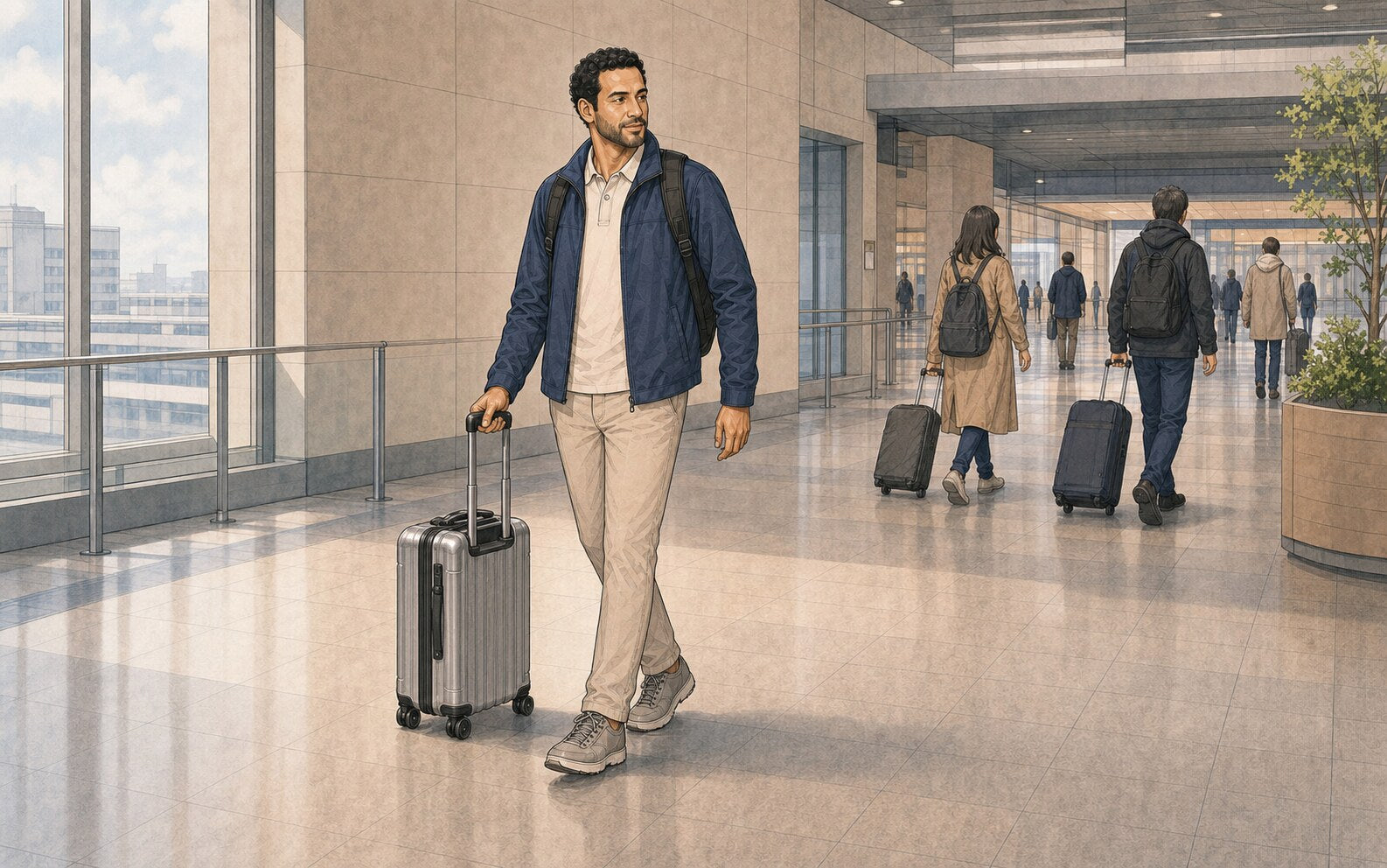 Illustrated man in a blue jacket walks through a bright terminal with only a black backpack and a small silver suitcase.