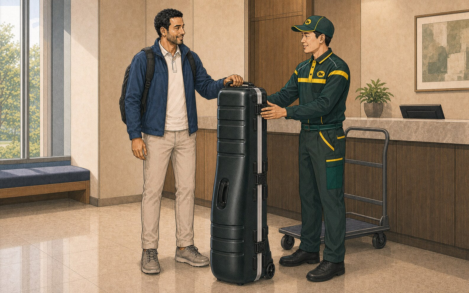 Illustrated man in a blue jacket takes the handle of an upright dark-green hard golf case while a green-and-yellow Yamato delivery employee supports it beside an empty handcart in a reception area.