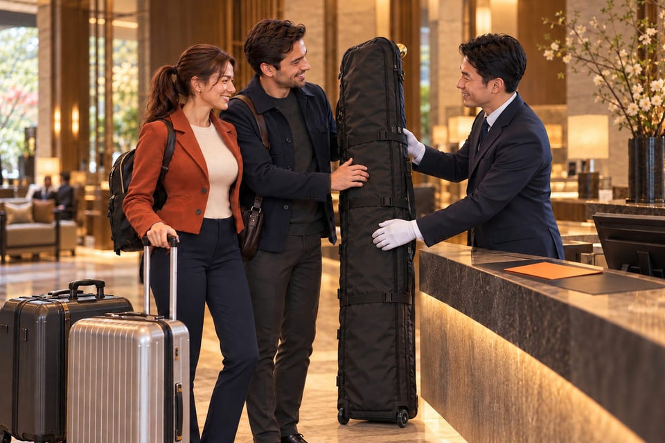 Travelers hand a ski bag to a hotel front desk clerk to send it into Silk Crane storage