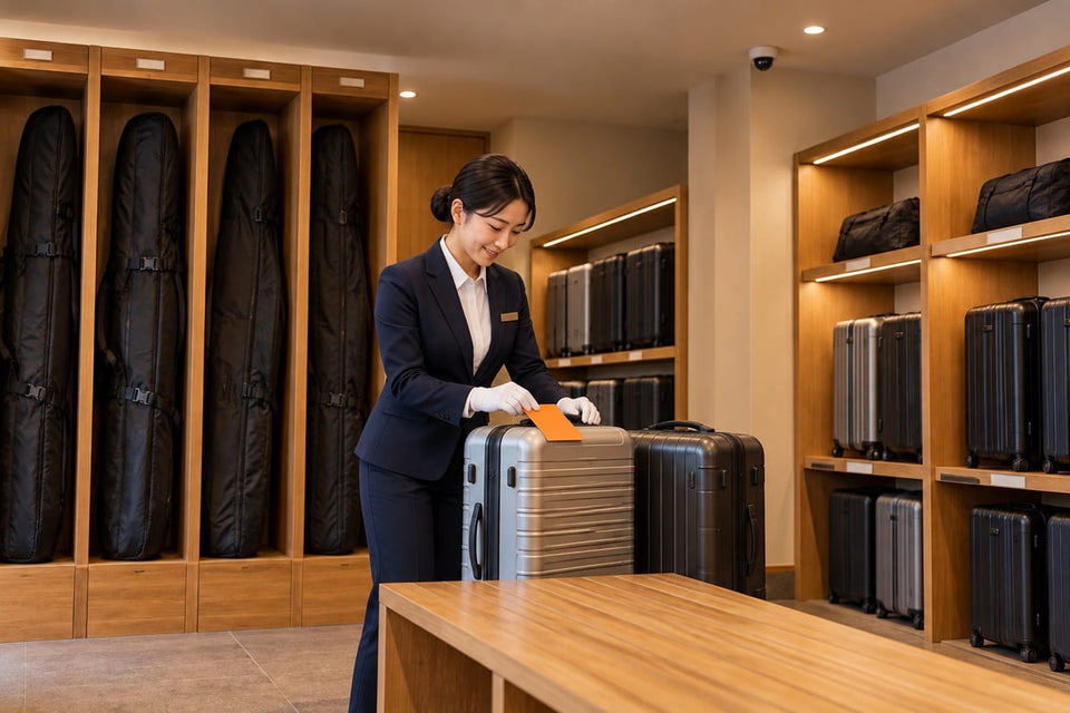 A Silk Crane staff member tags a suitcase in a storage room lined with ski bags and luggage