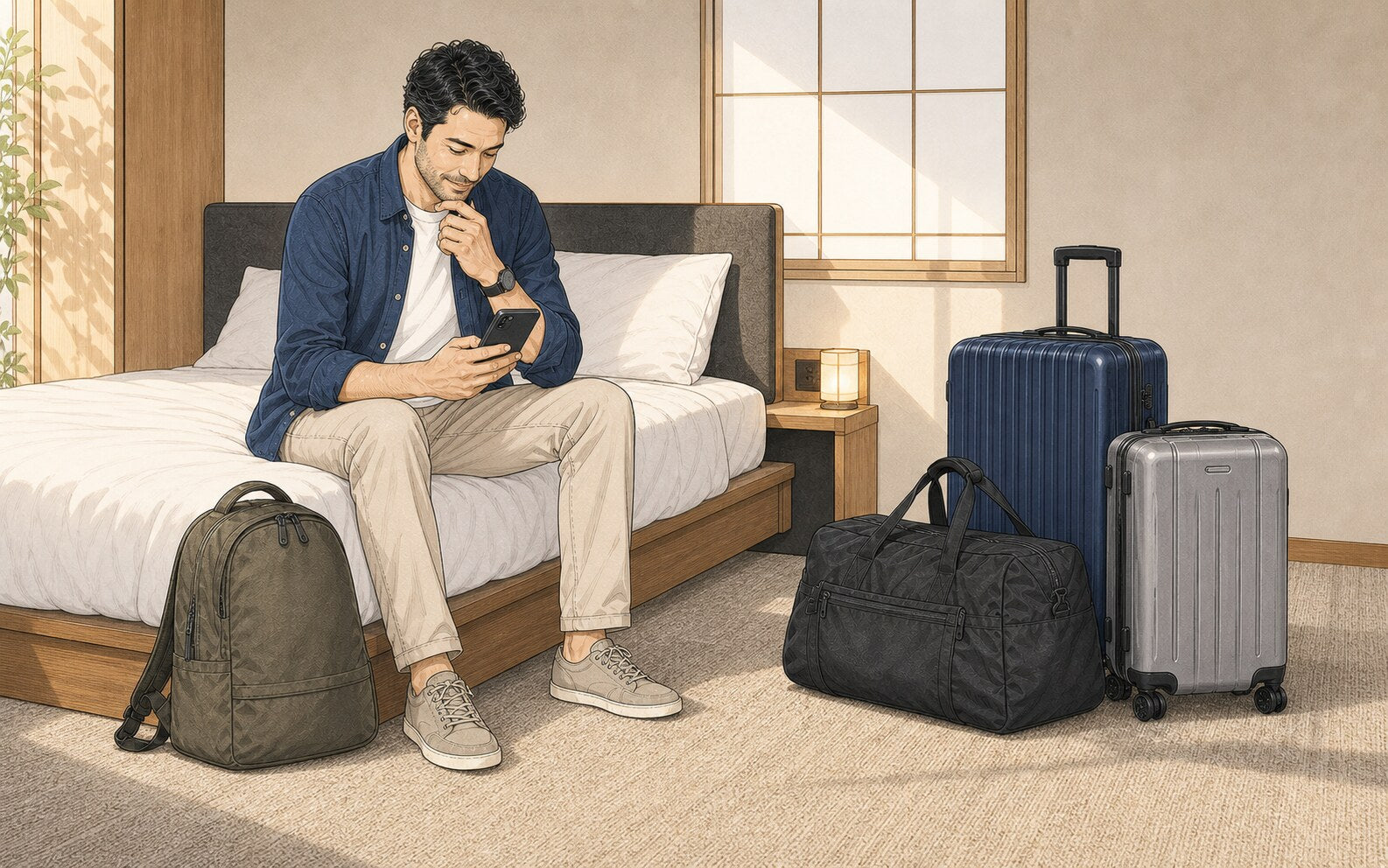 Illustrated traveler sits in a hotel room with a backpack beside him while a navy suitcase, silver carry-on, and dark duffel are grouped across the room.