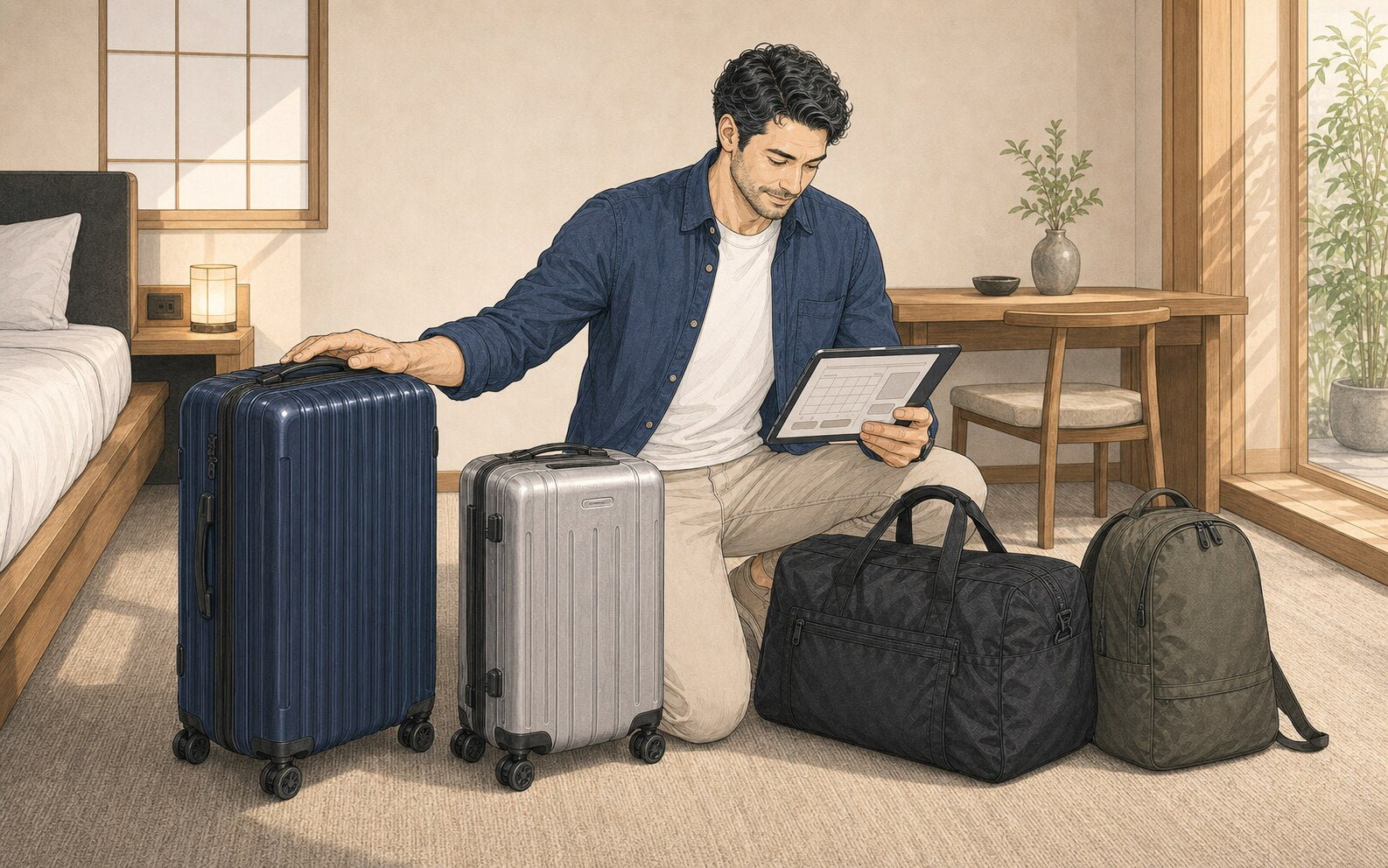 Illustrated traveler reviews an abstract schedule on a tablet while resting one hand on a navy suitcase beside a silver carry-on, duffel, and backpack.
