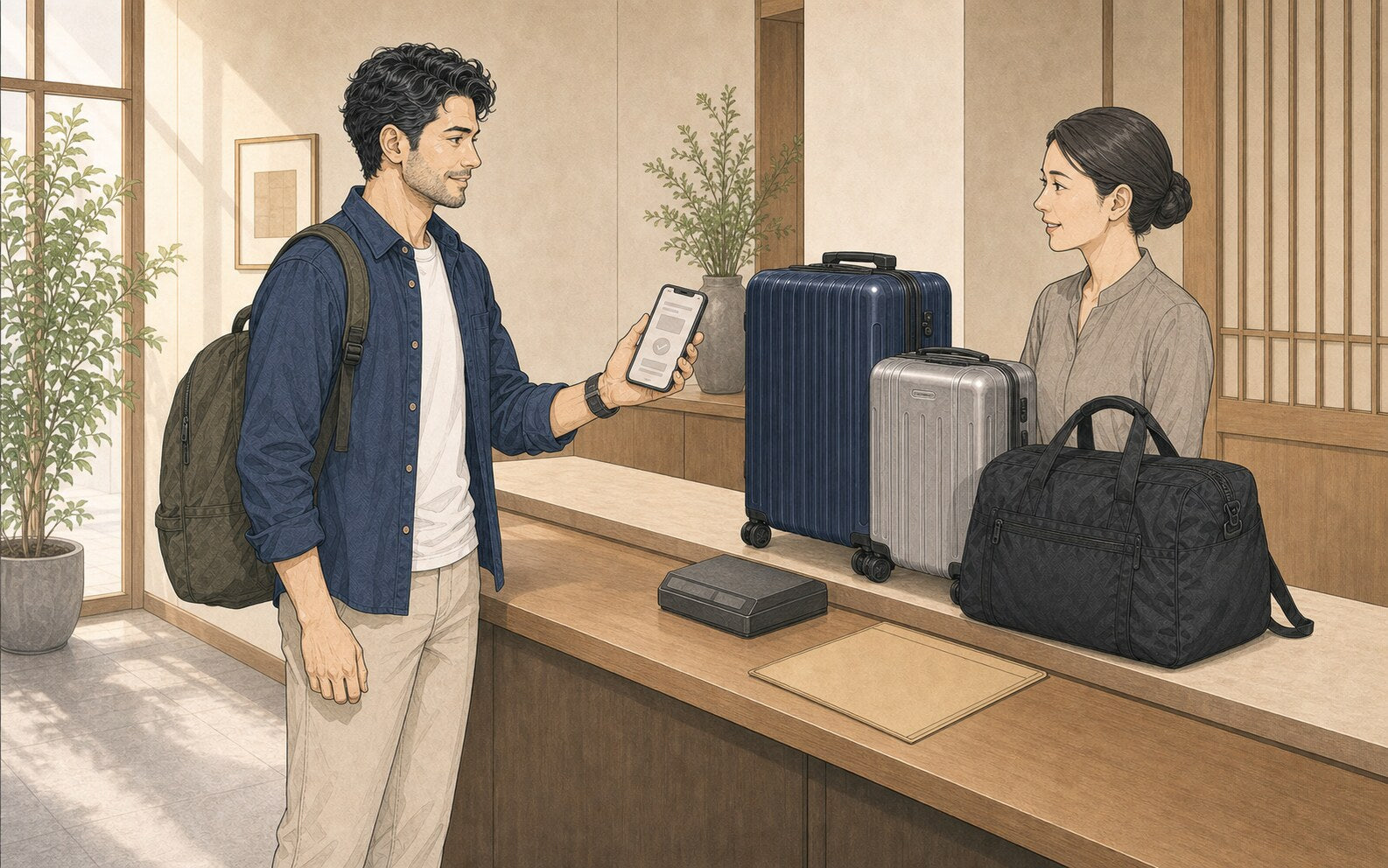 Illustrated traveler with a backpack shows a phone confirmation to an attendant at a staffed counter where three bags are ready for shipment.