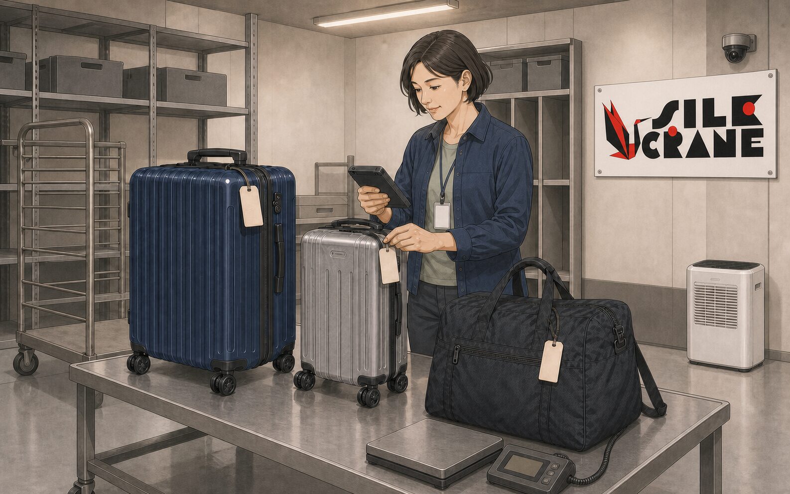 Illustrated Silk Crane operations employee checks three arrived bags on a tablet beneath a large Silk Crane wall sign in a metal-racked receiving area with a luggage scale, dehumidifier, and security camera.
