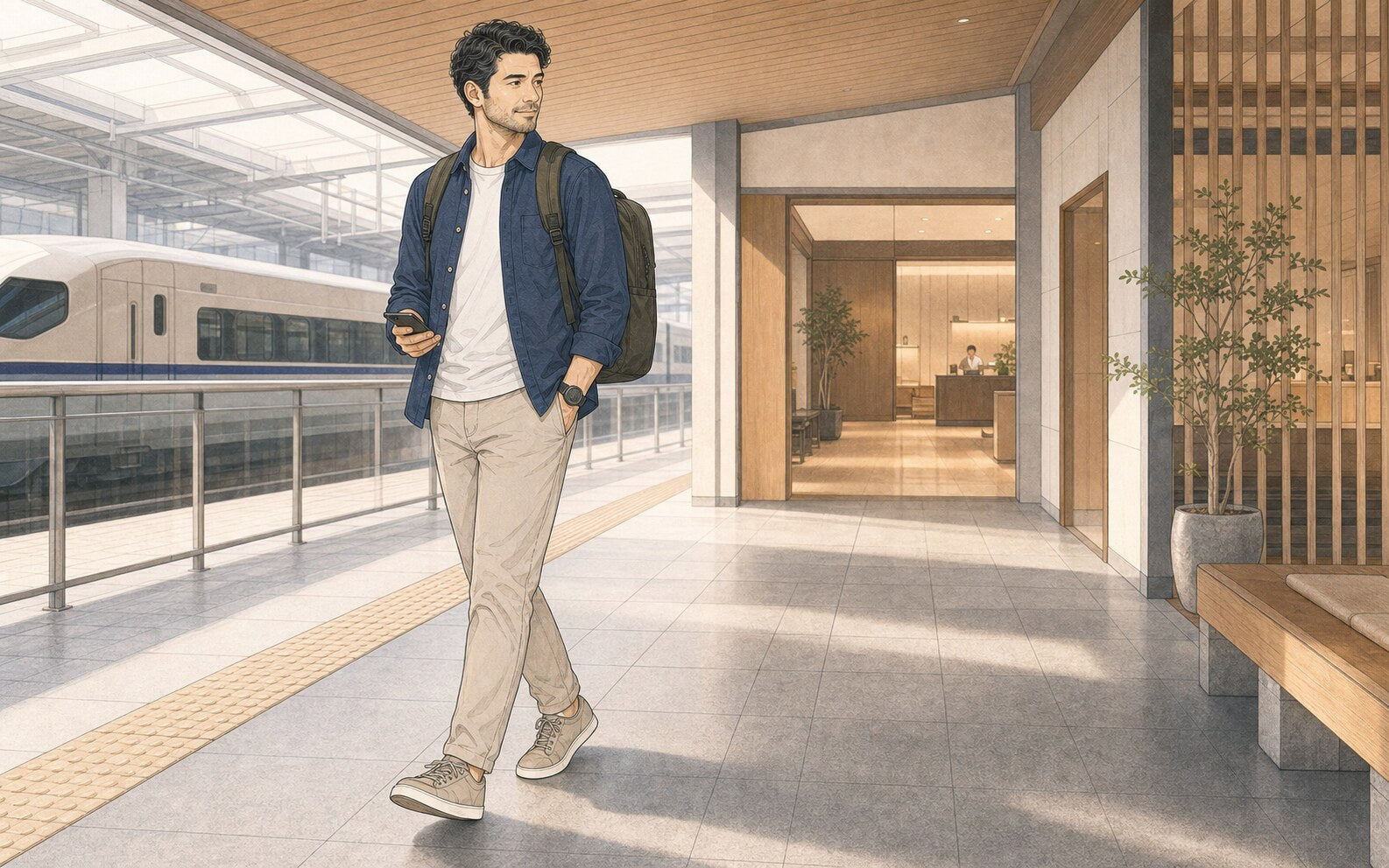 Illustrated traveler walks beside a modern train carrying only an olive backpack and a phone.