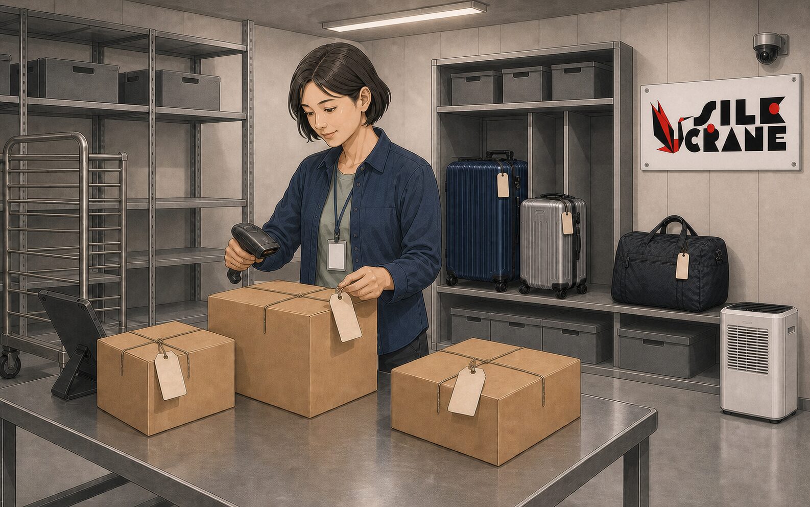 Illustrated Silk Crane operations employee scans three sealed parcels beneath a large Silk Crane wall sign while the customer's navy suitcase, silver carry-on, and dark duffel sit together in a metal-racked storage bay.