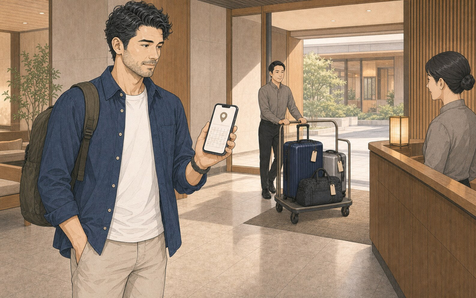 Illustrated traveler holds a phone with an abstract delivery plan in a staffed hotel lobby while an attendant brings three tagged bags on a cart.